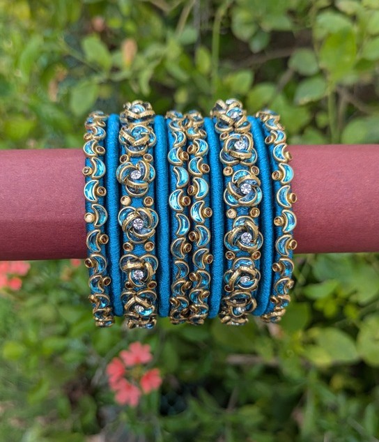 Teal & Blue Floral Silk Thread Bangles Set